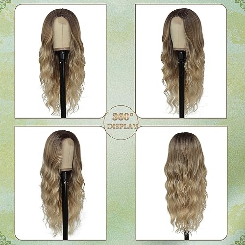 HMHIFI Long Ombre Blonde Wigs for Women 26 inch Long Wavy Middle Part Wig Ombre Blonde Wigs Upgraded Protein Fiber Hair Replacement Wig Cosplay Costume Halloween Wig(26'' Brown Ombre Blonde)