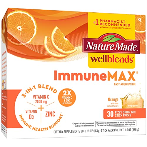 Nature Made Wellblends ImmuneMAX Fizzy Drink Mix, Vitamin C 2000mg with Zinc 20 mg, Vitamin D3 1000 IU (25 mcg), plus Seven B Vitamins and Electrolyte Hydration Blend, 30 Stick Packs