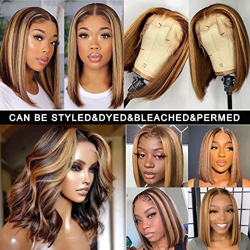 Hd Transparent Glueless P4/27 Highlight Bob Wig Human Hair 13X4 Frontal Lace Wig Ombre Brown Honey Blonde Highlight Blunt Cut Bob Wig Human Hair Lace Front Pre Plucked With Baby Hair Natural Hairline For Black Women (12 Inch, P4/27 Highlight 13X4 Straight