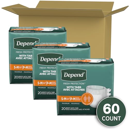 Depend Incontinence Protection with Tabs, Unisex, Small/Medium (19–34" Waist, Up To 170 lbs), Maximum Absorbency, 60 Count (3 Packs of 20)