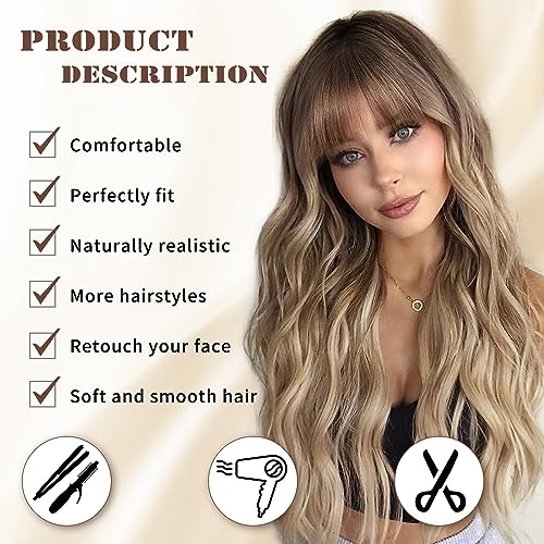 Lativ Blonde Wig With Bangs Long Wavy Curly Ombre Wig with Dark Root Synthetic Heat Resistant Wigs for Women Daily Party Use 26 Inches