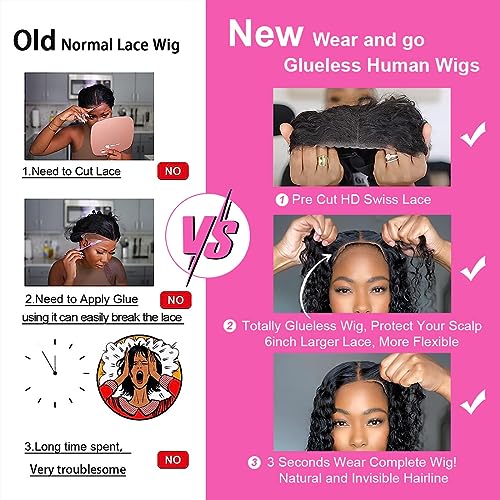 250% Density Wear and Go Glueless Wigs Human Hair Pre Plucked Pre Cut Lace 20inch Deep Wave 6x4.75 HD Lace Front Wigs Human Hair Bleached Knots Wet and Wavy Closure Wigs for Black Women