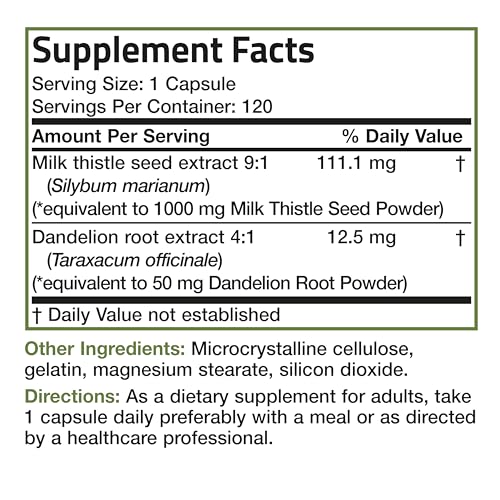 Bronson Milk Thistle Silymarin Marianum & Dandelion Root Liver Health Support, Antioxidant Support, Detox, 120 Capsules