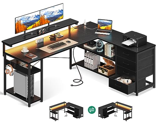 AODK 61" L Shaped Desk with Drawer, Computer Desk with Power Outlets & LED Lights, Reversible Corner Gaming Desk for Home Office Workstation, Office Desk with Monitor Shelf, Pure Black