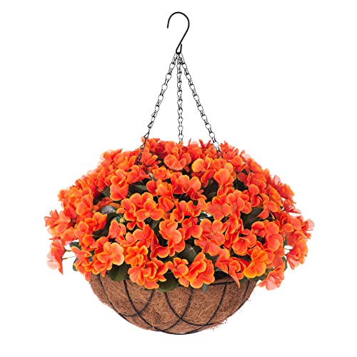 Artificial Flowers with HangingBasket for Outdoor Indoor,Fake Hydrangea Flowers in Coconut Lining Hanging Basket for Home Courtyard Decoration,4 Branches Hydrangea Flowers in12'' Basket(Orange)