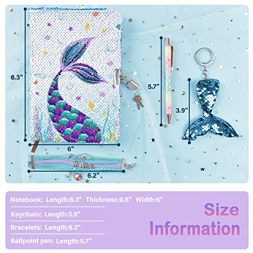 Sequins Notebook Set - Sparkly Mermaid Gift for Girls Kids Christmas Birthday Notebooks Journal Diary with Lock School Travel A5 Lined Memos Writing Drawing Notepad Ballpoint Pen Bracelet Key-chain