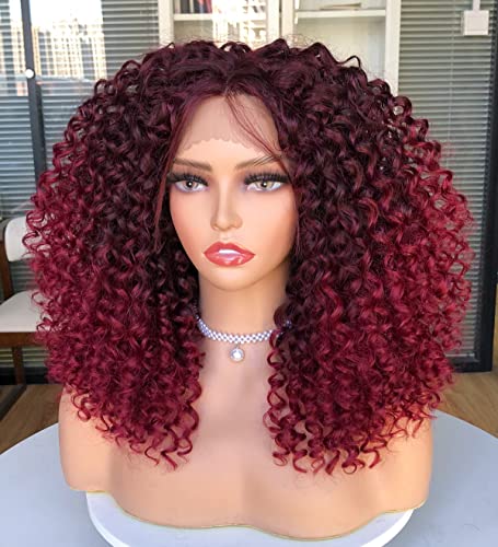ANNIVIA Short Lace Front Wigs for Black Women Burgundy HD Lace Front Curly Wig Pre Plucked with Babyhair, Dark Roots Burgundy Red Synthetic Bob Kinky Afro Short Curly Frontal Hair Wig 16inch（Burgundy）