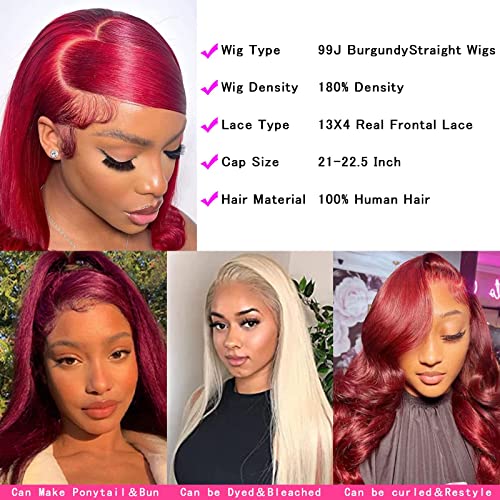 Samrabeauty 99j Burgundy Straight Lace Front Wigs Human Hair 99J 13X4 HD Transparent Lace Frontal Wigs 180% Density Glueless Pre Plucked with Baby Hair Wigs for Women