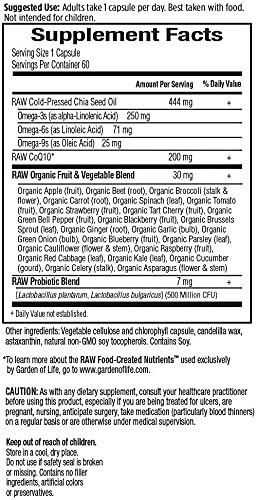 Garden of Life Vegetarian Omega 3 6 9 Supplement - Raw CoQ10 Chia Seed Oil Whole Food Nutrition with Antioxidant Support, 60 Capsules