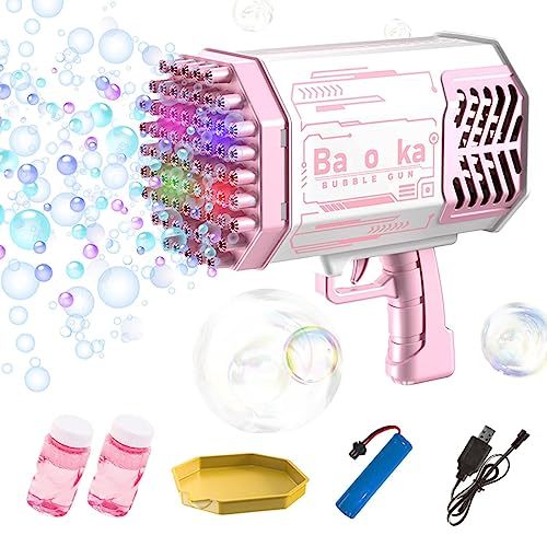 Bubble 𝐆𝐮𝐧 Bubble Machine with 69 Holes and Colorful Lights, Super Big Electric Automatic Bubble Maker Machine for Kids Adults Summer Outdoor Party Activity (Pink)