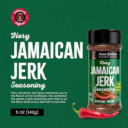 Sauce Goddess Fiery Jamaican Jerk Spice - Seasonings and Spices for Cooking with Caribbean Flavors! Perfect for Chicken, Pork, Seafood & More - Low Sugar, Low Sodium, Fat-Free, Vegan Friendly - 5 oz