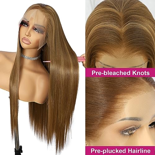 Sapphirewigs 13×6 Brown Synthetic Lace Front Wigs for Women Long Straight Highlight Natural Brown Soft Heat Resistant Fiber Hair Replacement Wig Kanekalon Futura Hair Natural Looking Daily Wigs 26Inch