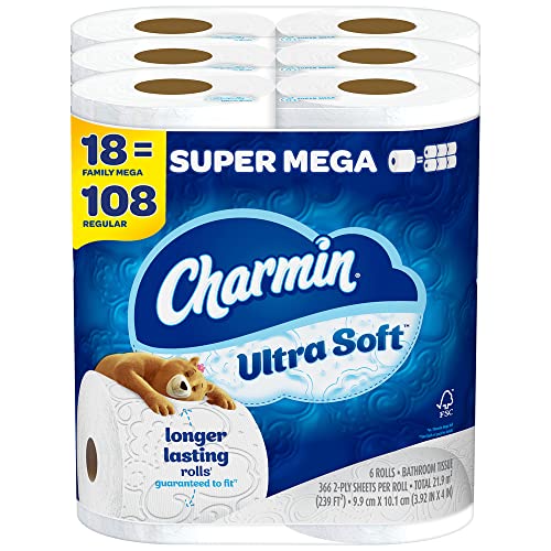 Charmin Ultra Soft Toilet Paper, 18 Super Mega Rolls = 108 Regular Rolls