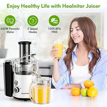 650W 3 Speeds Juicer Machines Vegetable and Fruit, Healnitor Centrifugal Juice Extractor with Wide 3” Feed Chute, Easy to Clean, BPA-Free Compact Centrifugal Juice Maker, White