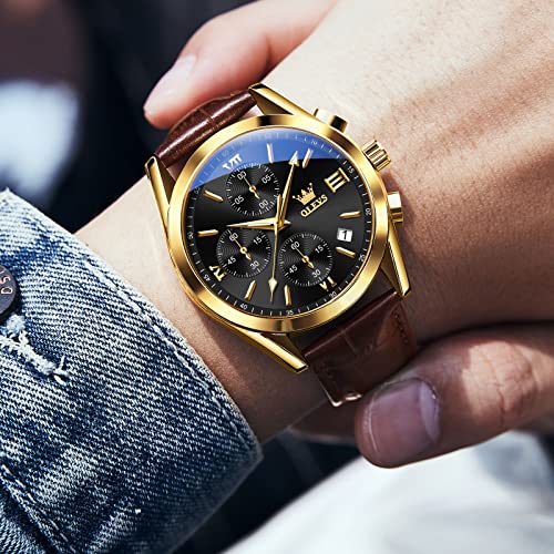 OLEVS Mens Watches Leather Band Luxury Dress Chronograph Watch Casual Waterproof Black and Gold Watches for Men Relojes para Hombres