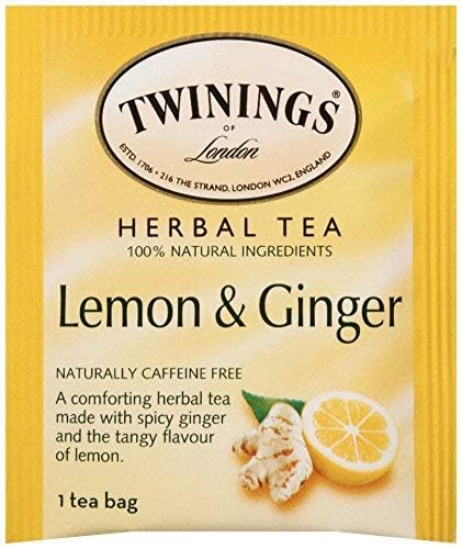 Twinings Lemon & Ginger Herbal Tea, 100 Individually Wrapped Tea Bags, Tangy Lemon, Spicy Ginger, Naturally Caffeine Free