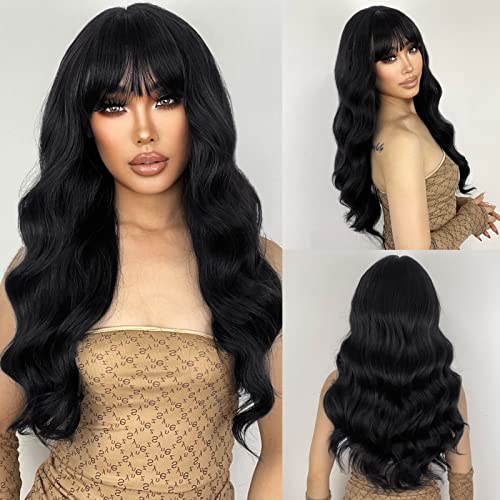 SOUTHEARTH Black Wig with Bangs, Long Wavy Wigs for Women Synthetic Curly Wigs with Bangs Hair Replacement Wigs for Daily Party Use 24inches