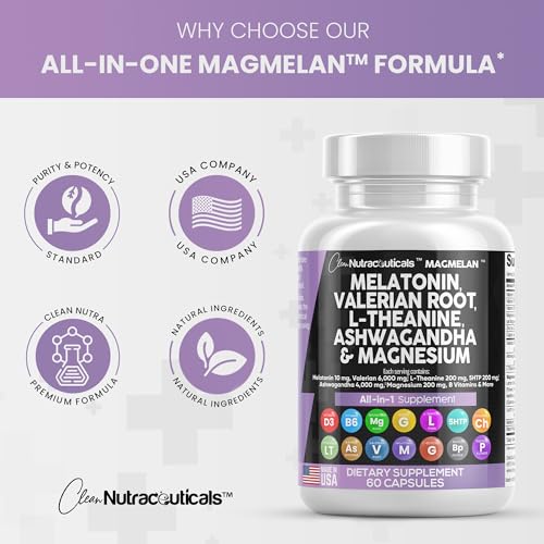 Melatonin 10mg Valerian Root 6000mg L Theanine 200mg Ashwagandha 4000mg - Sleep Support for Women and Men with Magnesium Complex, Lemon Balm, Chamomile, and Passion Flower - Made in USA 60 Caps