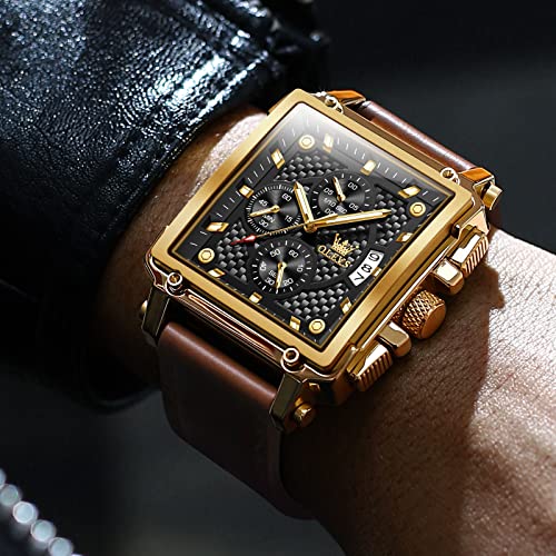 OLEVS Large Face Watches for Men Black Dial Square Quartz Chronograph Watch Brown Leather Mens Watches Waterproof Luxury Men's Wrist Watches