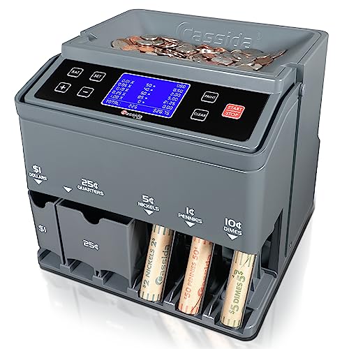 Cassida C300 Professional USD Coin Counter, Sorter and Wrapper/Roller, 300 coins/min, with Quickload and Printing-Compatible,Gray