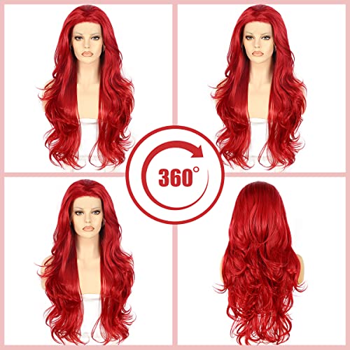 BABEHERS Free Part Red Lace Front Wig 13x3 Hot Red Loose Curly Wigs for Women Pre Plucked 24 Inch Long Wavy Synthetic Lace Front Red Wig Heat Resistant Hair Replacement Wigs 150% Density