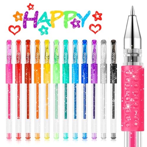 Niutop 12-Color Scented Glitter Gel Pens for Kids, Fruity Scented Markers, Colored Pen Set Fun Pens, Cute School Supplies Stationary, Art Supplies, Christmas Gifts, Stocking Stuffers for Kids Teens