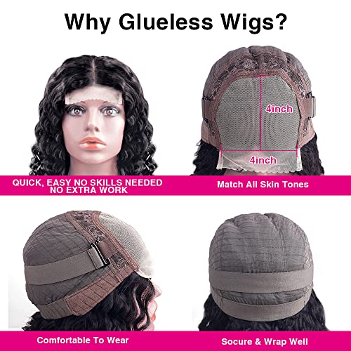 Dosacia Wear and Go Glueless Wigs Human Hair 4x4 Deep Wave Lace Front Wigs Wear and Go Wigs Deep Wave Wigs Human Hair Transparent Lace Closure Wigs for Black Women Natural Color 26inch