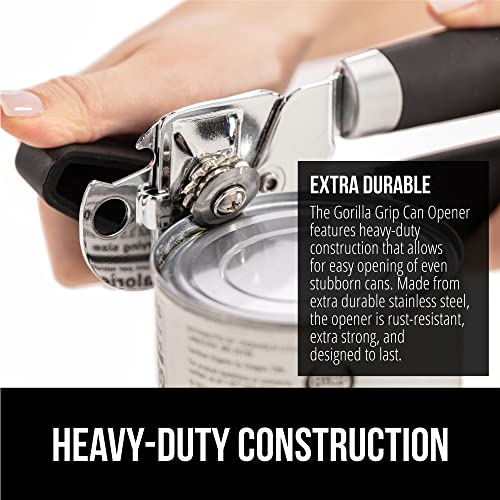 The Original Gorilla Grip Heavy Duty Stainless Steel Smooth Edge Manual Hand Held Can Opener With Soft Touch Handle, Rust Proof Oversized Handheld Easy Turn Knob, Large Lid Openers, Black