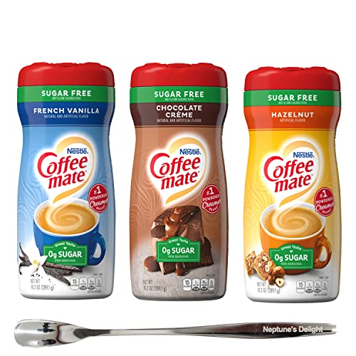 Coffee mate Sugar-Free Powdered Creamer 3 Flavor Variety, French Vanilla, Hazelnut, Chocolate Crème, with Neptune's Delight Stainless Steel Stirrer