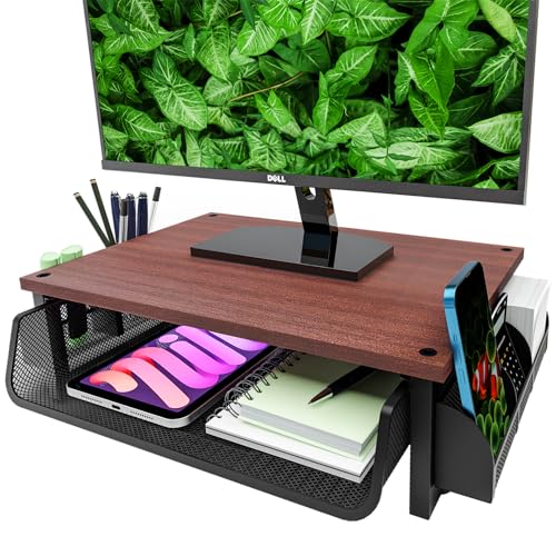 Simple Trending Metal Monitor Stand Riser with Drawer, Wood Desk Computer Organizer with Side Storage for Laptop and Printer,
