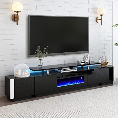 AMERLIFE 110" Large Fireplace TV Stand Set with 36" Electric Fireplace, Includes 70" 2-Tier Fireplace TV Stand, 2 x End Tables, Modern High Gloss TV Console with LED Light for Living Room, Black