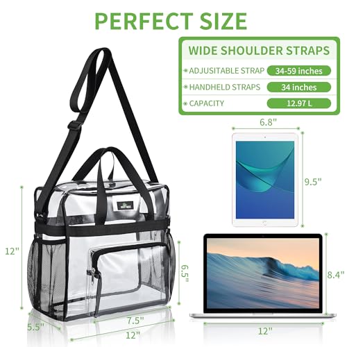 MAY TREE Clear Bag Stadium Approved 12×6×12 for Women, Large Clear Tote Lunch Bag with Reinforced Shoulder Straps for Concert Outfits and Festival - Black