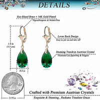 Austrian Crystal Teardrop Leverback Dangle Earrings for Women Fashion 14K Gold Plated Hypoallergenic Jewelry (Emerald)