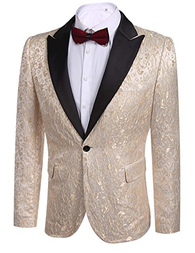 COOFANDY Men's Floral Party Dress Suit Stylish Dinner Jacket Wedding Blazer One Button Tuxdeo, Golden, US XS(Chest 41.3)
