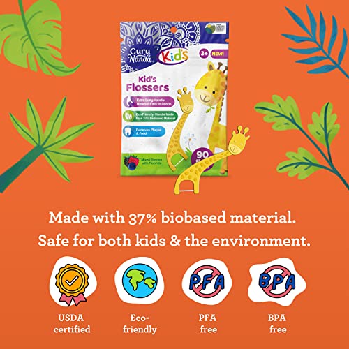 GuruNanda Dental Floss Picks for Kids, Extra-Long Giraffe-Shaped Picks with Fluoride, Anti-Slip & Shred-Resistant Design & Eco-Friendly Handle & Berry Flavor, Ideal for Ages 3+, 90 Count (Pack of 1)