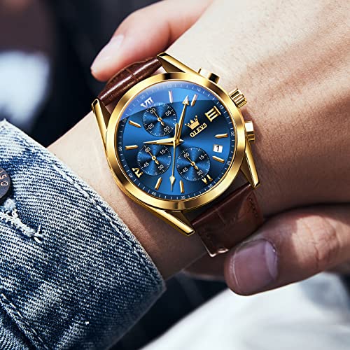 OLEVS Mens Watches Leather Band Luxury Dress Chronograph Watch Casual Waterproof Gold and White Watches for Men Relojes para Hombres