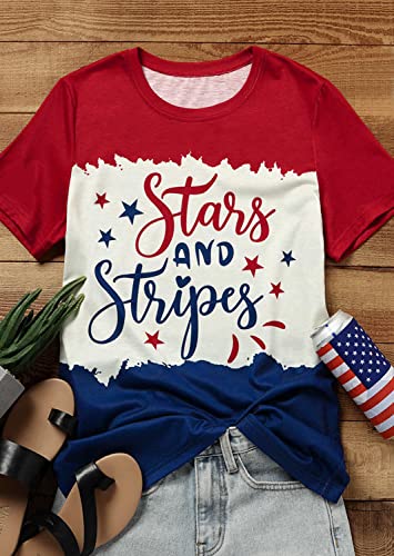 Stars and Stripes American Flag Patriotic T-Shirt Women 4th of July Color Block Casual Short Sleeve Tee Tops(M,Red)