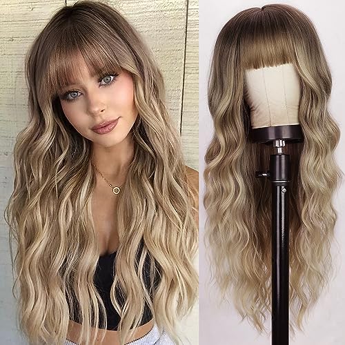 Lativ Blonde Wig With Bangs Long Wavy Curly Ombre Wig with Dark Root Synthetic Heat Resistant Wigs for Women Daily Party Use 26 Inches