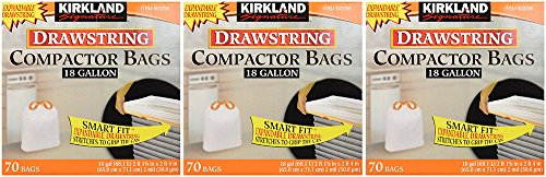 Kirkland Compactor Bags, 18 Gallon, Smart Fit Gripping Drawstring, 70 Count (3 Pack)