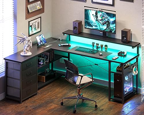 AODK 61" L Shaped Desk with Drawer, Computer Desk with Power Outlets & LED Lights, Reversible Corner Gaming Desk for Home Office Workstation, Office Desk with Monitor Shelf, Pure Black