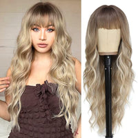 NAYOO Long Dirty Blonde Wigs with Bangs for Women Curly Wavy Hair Wigs Heat Resistant Synthetic Fiber Wigs for Daily Party Use 26 Inches (Dirty Blonde)