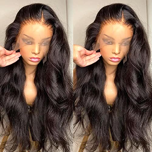 XUBULO Body Wave Lace Front Wigs Human Hair - 13x4 HD Transparent Lace Frontal Wigs Human Hair 180% Density Brazilian Virgin Glueless Wigs Human Hair Pre Plucked with Baby Hair Natural Color 34 Inch
