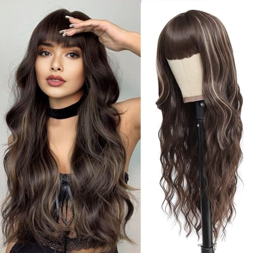 Long Brown Blonde Wig with Bangs for women Long Wavy Brown Highlights Curly Wigs Natural Looking Premium Protein Fiber Hair Replacement Wigs Cosplay Costume Halloween Wigs(26'' Brown Mixed Blonde)