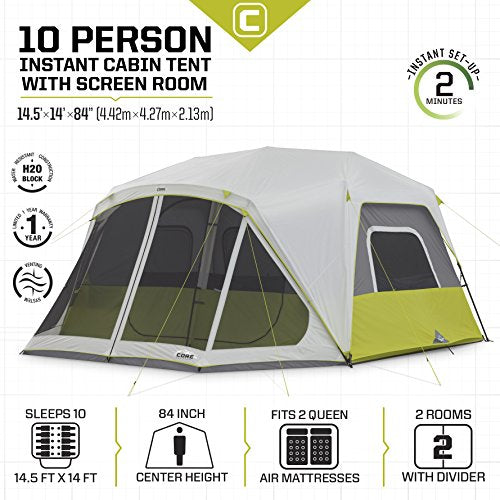 CORE 10 Person Instant Cabin Tent | 2 Room Huge Tent with Screen Room for Family with Storage Pockets for Camping Accessories | Portable Large Pop Up Tent for 2 Minute Camp Setup