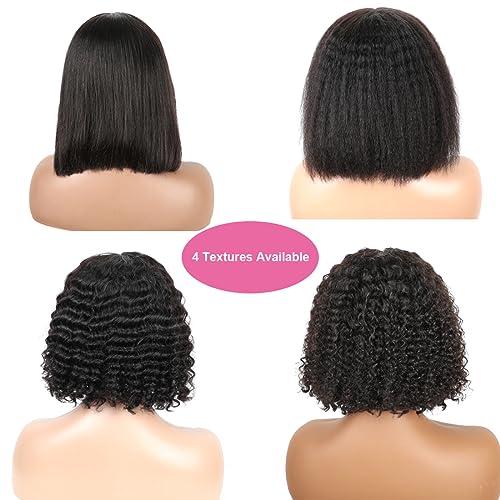 BLY 6x4 HD Lace Glueless Bob Wig Classic Yaki Human Hair Kinky Straight Hair Ready to Wear and Go Short Bob Lace Pre Cut Pre Plucked for Women Natural Black Color Hair 12 Inch