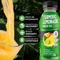 Organic Golden Tiger Turmeric Lemonade with Green Tea - Bio Active Curcumin + Green Tea + Ginger - 12 Bottles - Recover with Plant Based Power - 20 Calories