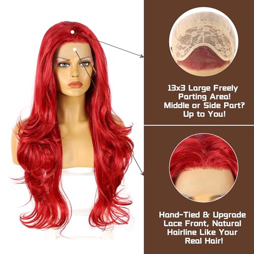 BABEHERS Free Part Red Lace Front Wig 13x3 Hot Red Loose Curly Wigs for Women Pre Plucked 24 Inch Long Wavy Synthetic Lace Front Red Wig Heat Resistant Hair Replacement Wigs 150% Density