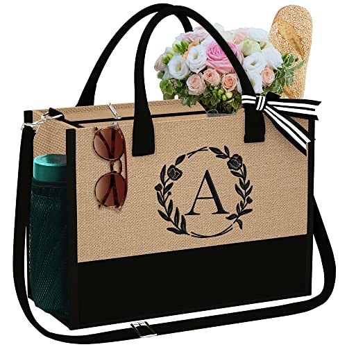 YOOLIFE Gifts for Women - Birthday Gifts for Women A Initial Jute Tote Beach Bag with Zipper Birthday Gifts for Women Friends Female Mom Sister Teacher Appreciation Gifts Bride Gifts
