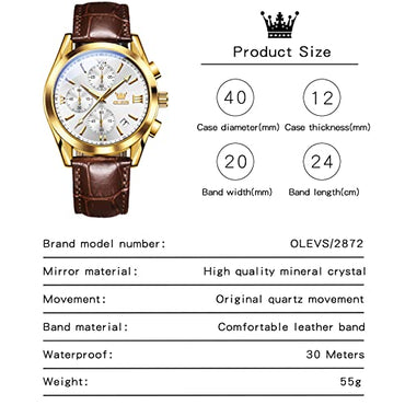 OLEVS Mens Watches Leather Band Luxury Dress Chronograph Watch Casual Waterproof Gold and Blue Watches for Men Relojes para Hombres