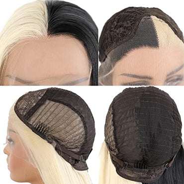 Synthetic Lace Front Wigs Heat Resistant Fiber Long Straight Hair Replacement Wig for Women Cosplay Party Show (Half Black Half Blonde, 24 inch)